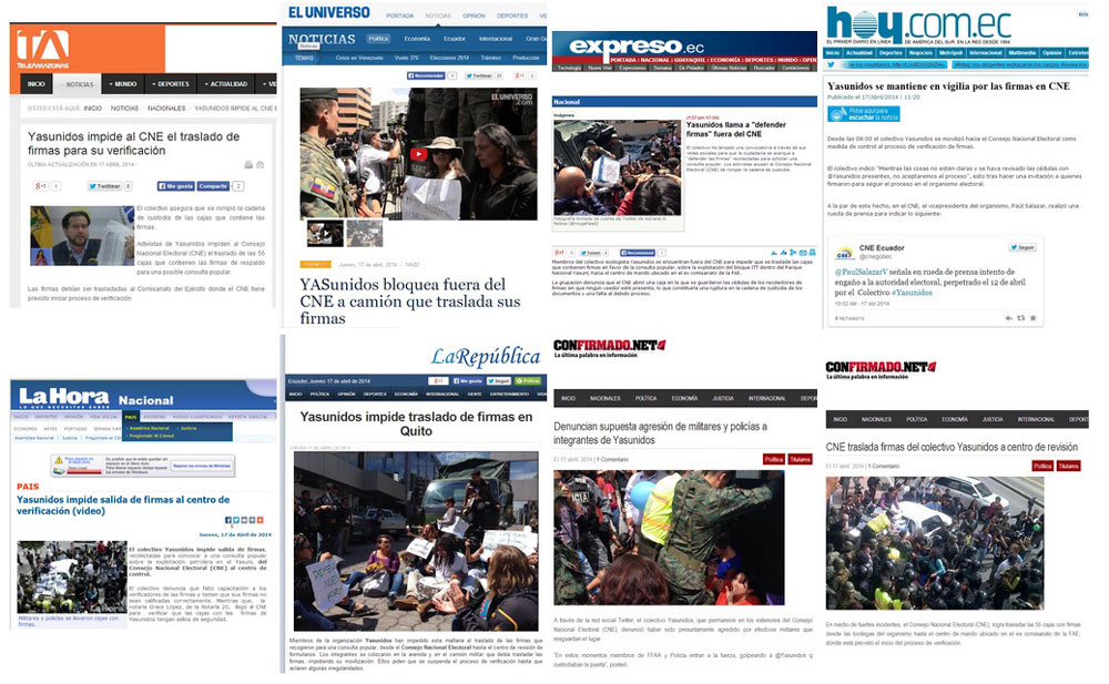 Medios de comunicación recogen información sobre los incidentes en el CNE provocados por el Colectivo Yasunidos
